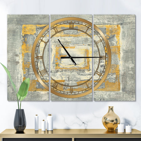 Gold Glam on Grey Tapestry I - Glam 3 Panels Large Wall CLock