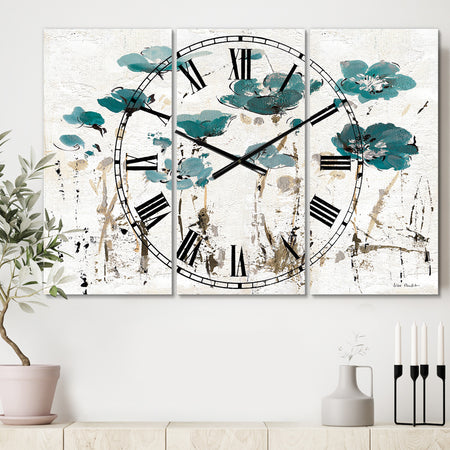 Fields of Turquoise Watercolor Flower I - Cottage 3 Panels Oversized Wall CLock