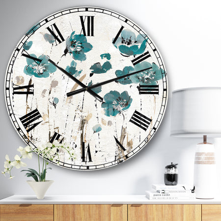 Fields of Turquoise Watercolor Flower II - Traditional Large Wall CLock