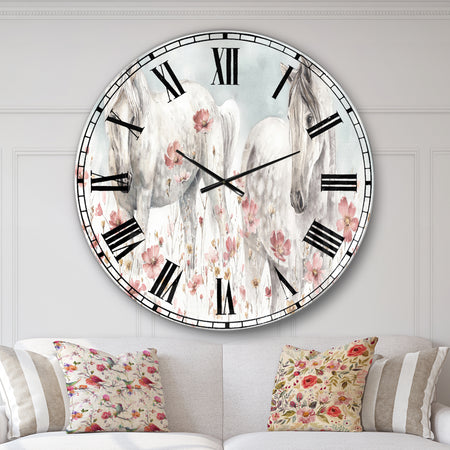 watercolors Pink Wild Horses - Farmhouse Large Wall CLock