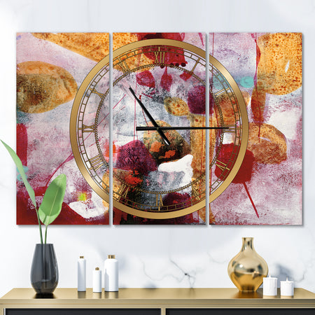 Abstract Watercolor with Red and Yellow - Glam 3 Panels Oversized Wall CLock