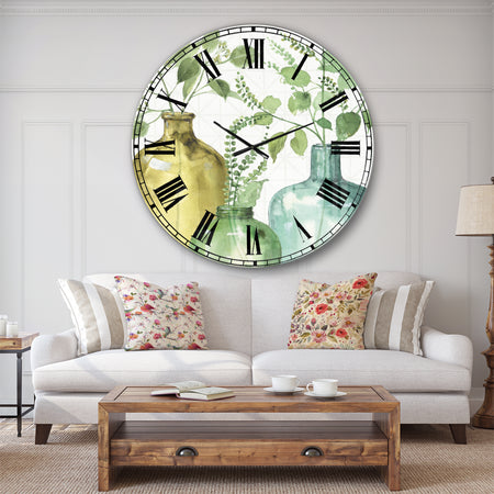 Mixed Botanical Green Leaves IX - Cottage Large Wall CLock