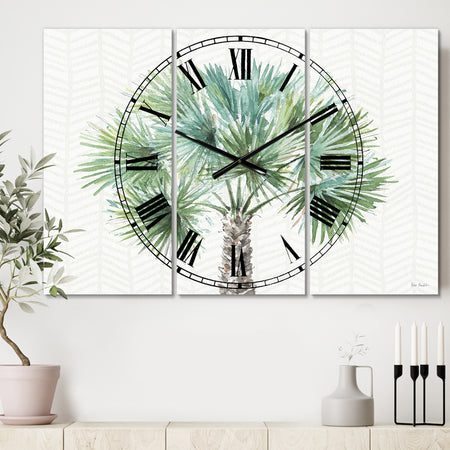Mixed Botanical Greens palms III - Cottage 3 Panels Oversized Wall CLock