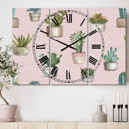 Potted Cactus on Pink Geometrical Pattern - Cottage 3 Panels Oversized Wall CLock