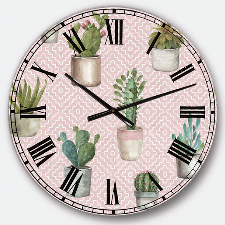 Potted Cactus on Pink Geometrical Pattern - Cottage Large Wall CLock