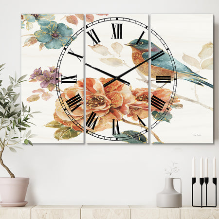 Cottage Bird on Orange Flower Twig - Cottage 3 Panels Oversized Wall CLock