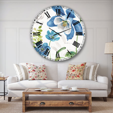 Blue Columbine Flowers With Butterfly - Cabin & Lodge Wall CLock
