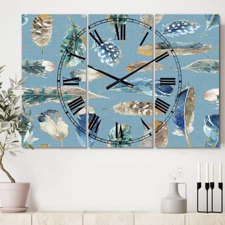 Indigold Feathers Turquoise Pattern - Cottage 3 Panels Oversized Wall CLock