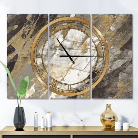 Gold, Black and White Hanpainted Abstract - Glam 3 Panels Oversized Wall CLock