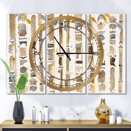 Abstract Gold Birch Trees I - Glam 3 Panels Oversized Wall CLock