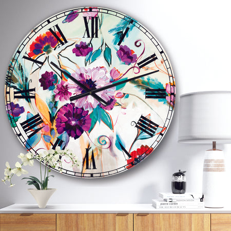 Abstract Purple And Red Farmhouse Flowers - Traditional Wall CLock