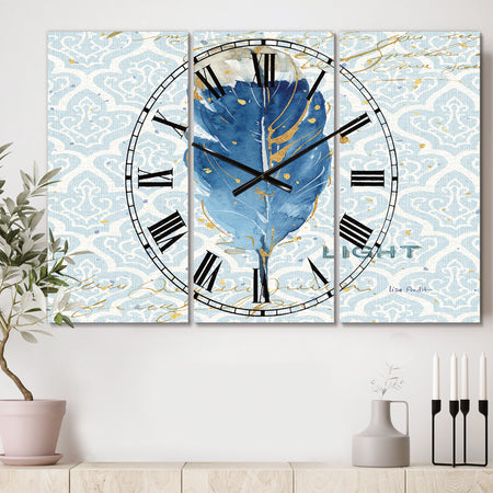 Blue Damask Feather - Cottage 3 Panels Oversized Wall CLock