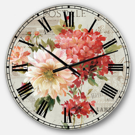 Red Painted Flowers on Vintage Postcard I - Traditional Large Wall CLock