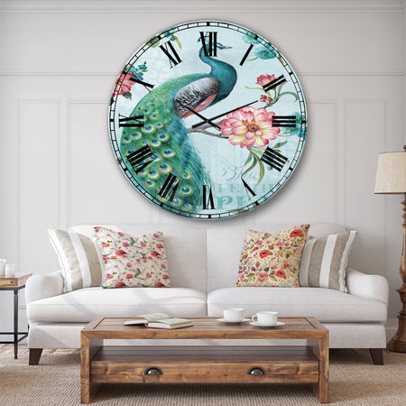 Peacock - Floral and botanical Large Wall CLock