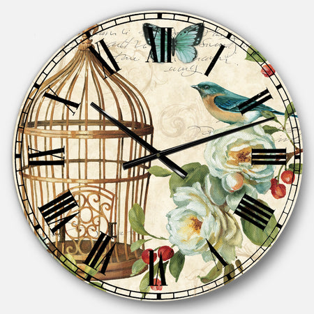 Blue Cottage Bird, Birdcage and Apple Blossoms I - Floral and botanical Large Wall CLock