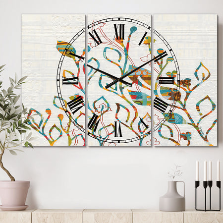 Rainbow Coloured Vines And Flowers - Cottage 3 Panels Large Wall CLock