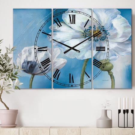 White Flower on Blue I - Cottage 3 Panels Large Wall CLock