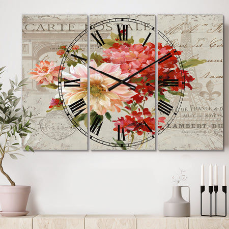 Red Painted Flowers on Vintage Postcard III - Cottage 3 Panels Oversized Wall CLock