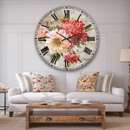 Red Painted Flowers on Vintage Postcard III - Farmhouse Large Wall CLock