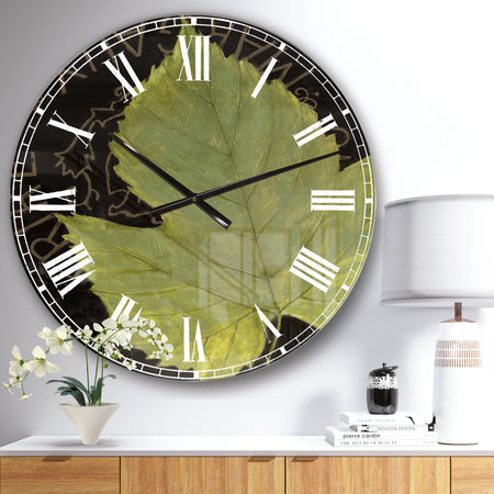 Porch & Den Handpainted Green Leaf On Black - Traditional Oversized Metal Clock