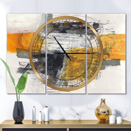 Abstract Composition of Glamorous Yellow and Black - Glam 3 Panels Oversized Wall CLock