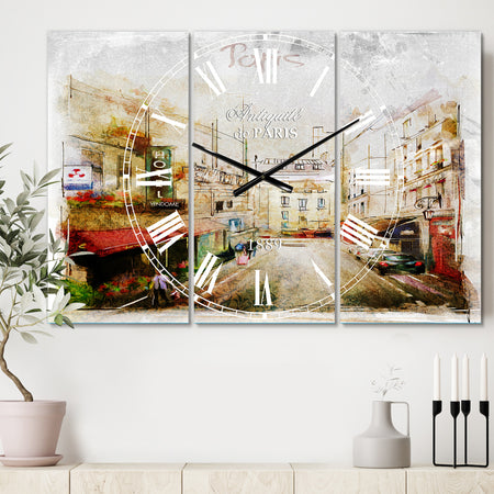 Paris Illustration - Cottage 3 Panels Oversized Wall CLock