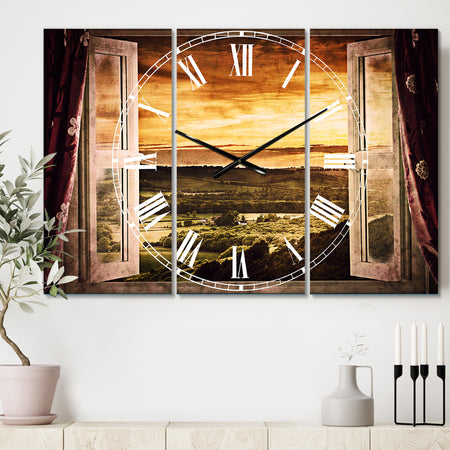 Open Window to Rural Landscape - Cottage 3 Panels Oversized Wall CLock