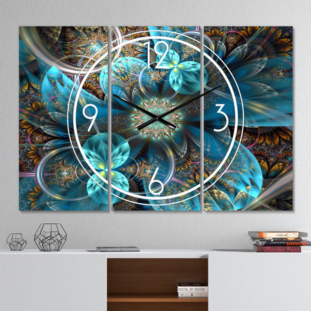 Fractal Blue Flowers - Modern 3 Panels Large Wall CLock