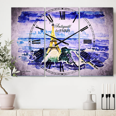 Paris Eiffel Toweron Blue Background - Cottage 3 Panels Oversized Wall CLock