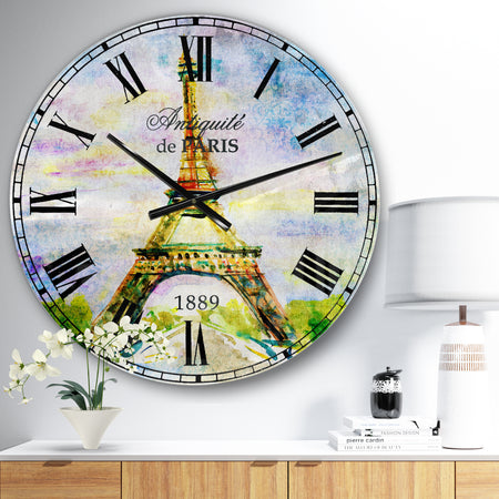Paris Eiffel Toweragainst Blue Sky - Watercolor Wall CLock