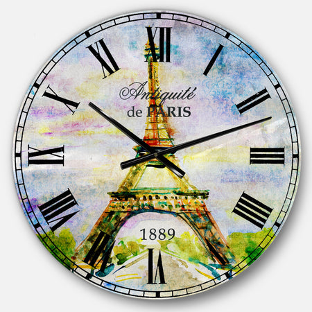 Paris Eiffel Toweragainst Blue Sky - Watercolor Wall CLock