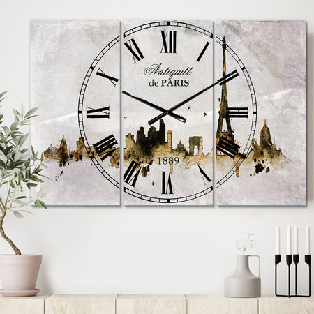 Paris with Eiffel Silhouette - Cottage 3 Panels Large Wall CLock