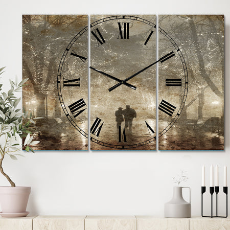 Couple Walking in Night Lights - Cottage 3 Panels Large Wall CLock