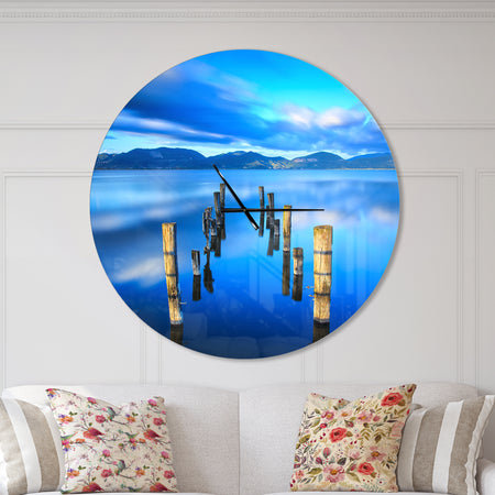 Wooden Pier Remains in Blue Sea - Large Coastal Wall CLock