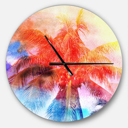 Retro Palms Red Watercolor - Oversized Traditional Wall CLock