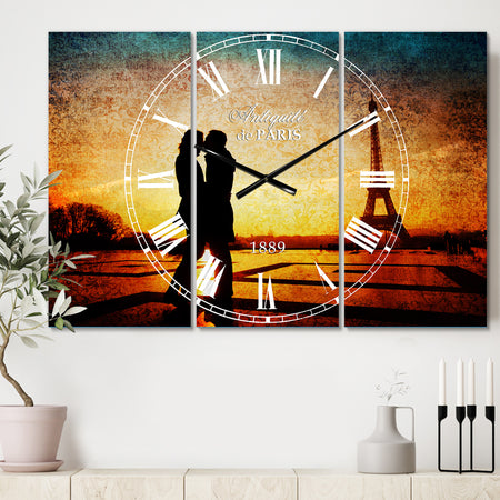 Eiffel with Kissing Couple - Cottage 3 Panels Oversized Wall CLock