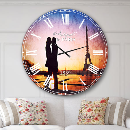 Eiffel with Kissing Couple - Landscape Photo Large Wall CLock