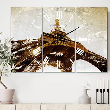 Paris Eiffel TowerStraight Into Sky - Cottage 3 Panels Large Wall CLock