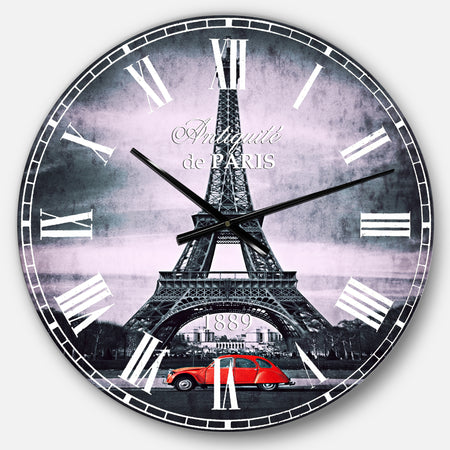 Eiffel and Old Red Car - Landscape Oversized Wall CLock