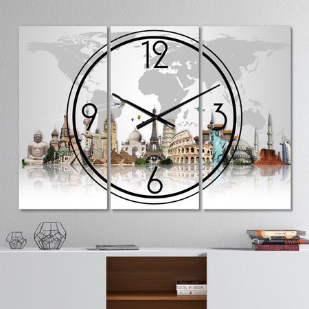 Famous Monuments Across World - Modern 3 Panels Oversized Wall CLock