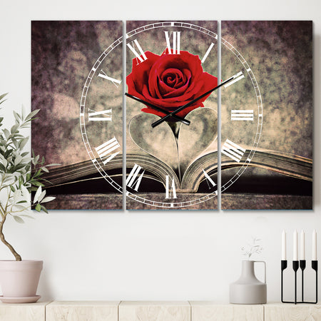 Red Rose Inside the Book - Cottage 3 Panels Oversized Wall CLock