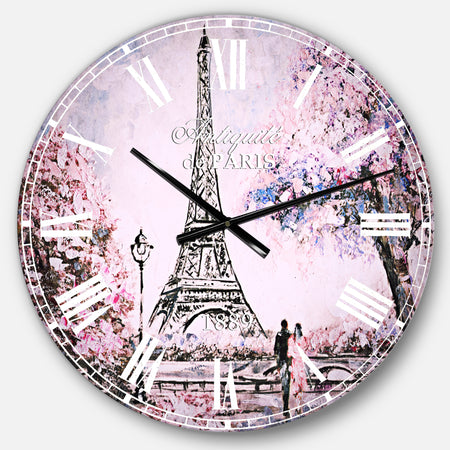 Eiffel with Pink Flowers - Vintage Large Wall CLock