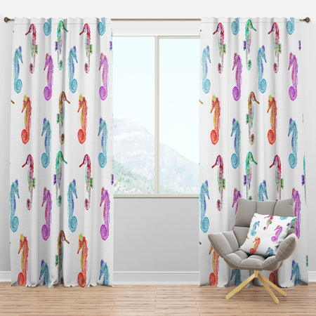 Pattern with Multicolored Seahorses - Nautical & Coastal Curtain Panels