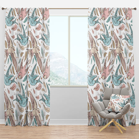 Pattern with Swallow Birds & Flowers - Traditional Curtain Panels