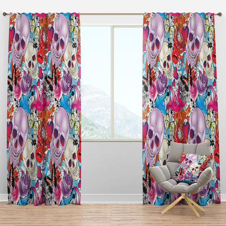 Pattern with Hearts, Skulls & Flowers - Bohemian & Eclectic Curtain Panels