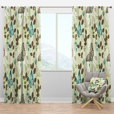 Vintage Blue Butterfly on Brown Leaves - Abstract Curtain Panels