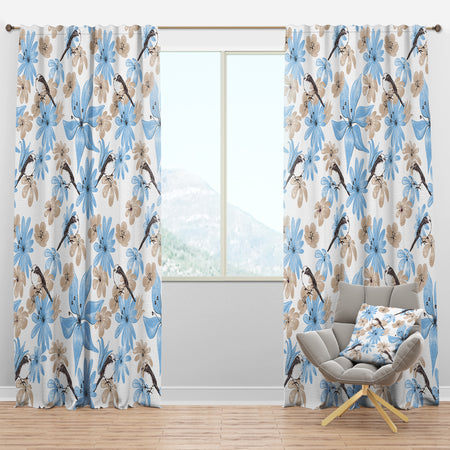 Drawing of Blue Flowers with Little Bird - Floral Curtain Panels