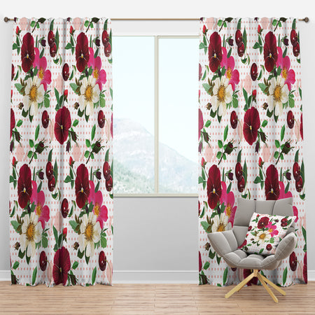 Pansies, Cherries and Roses on Pink Dotted - Abstract Curtain Panels
