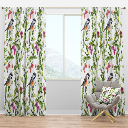 Meadow with Butterflies, Birds and Herbs - Floral Curtain Panels