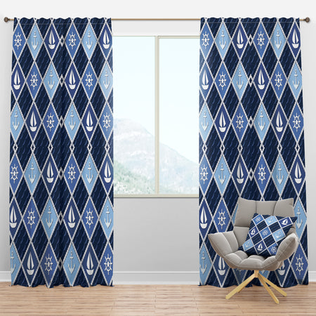 Anchor and sailboat on blue waves - Coastal Curtain Panels